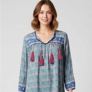 SZ Blockprint Tunic Dress/Coverup in Teal and Pink